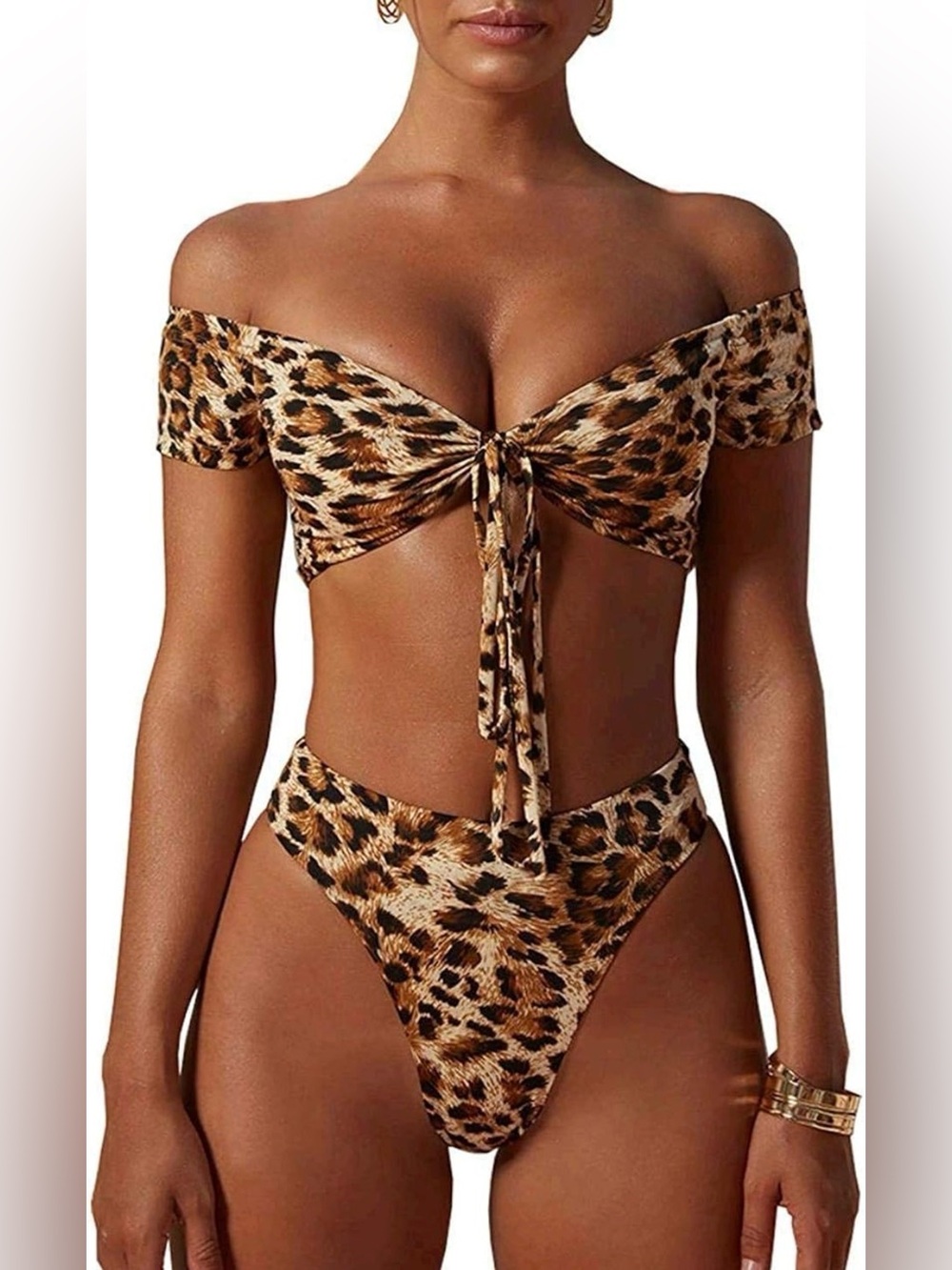 Leopard Print Off-Shoulder Tie Front Bikini Set